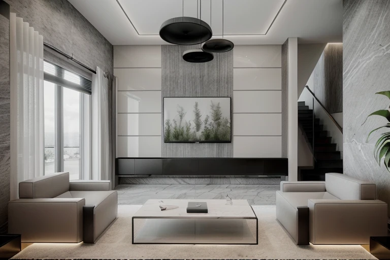Interior living room, Modern style, grey tone, walling TV, marble flooring, indoor plants, realistic, photo taken by Fujifilm XT3