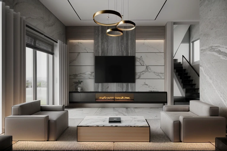 Interior living room, Modern style, grey tone, walling TV, marble flooring, indoor plants, realistic, photo taken by Fujifilm XT3