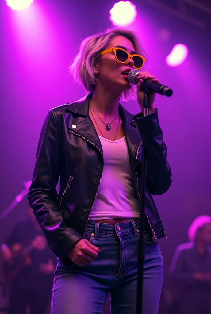 Beautiful woman short hair wearing yellow sunglasses, leather jacket , white t-shirt and jeans, singing on the stage, purple spotlight on the background, karaoke party atmosphere 