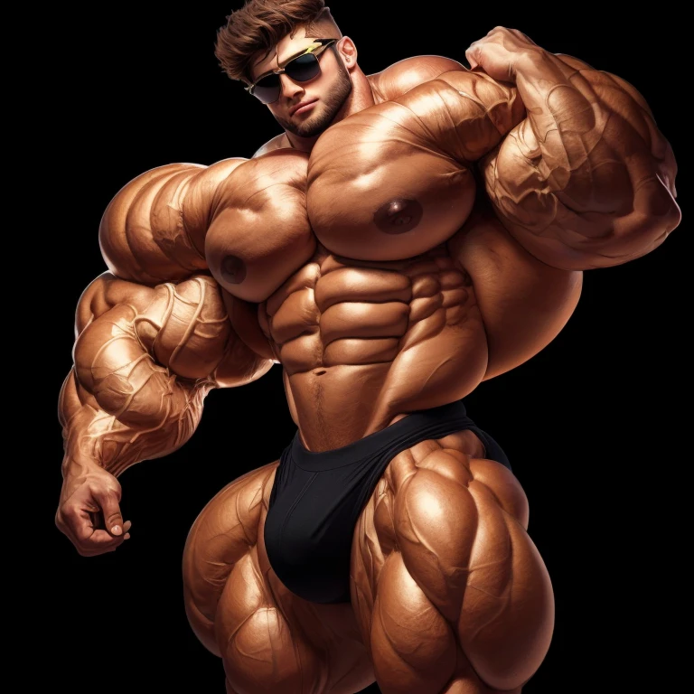 hyper growth, Bulge, hyper muscles, a very handsome young man, sunglasses, shirtless, exaggeratedly muscular, on a black background
