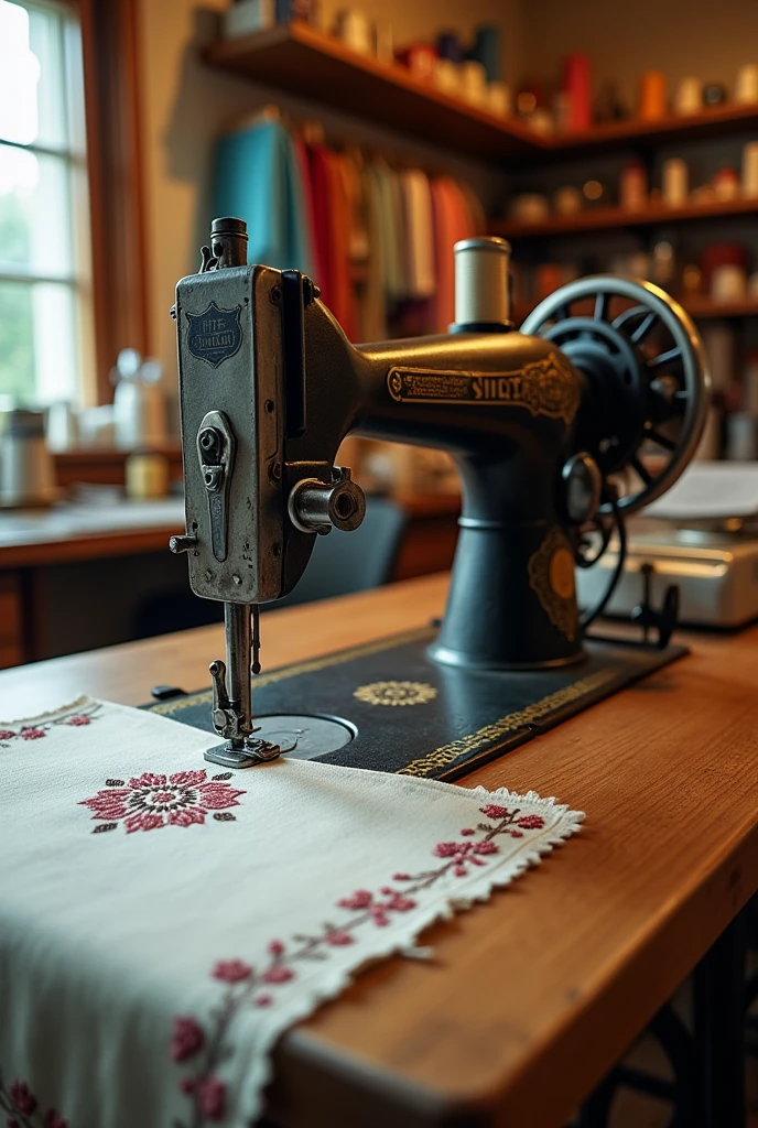 Old stitch machine, stitch pattern embroidered, small shop, a one