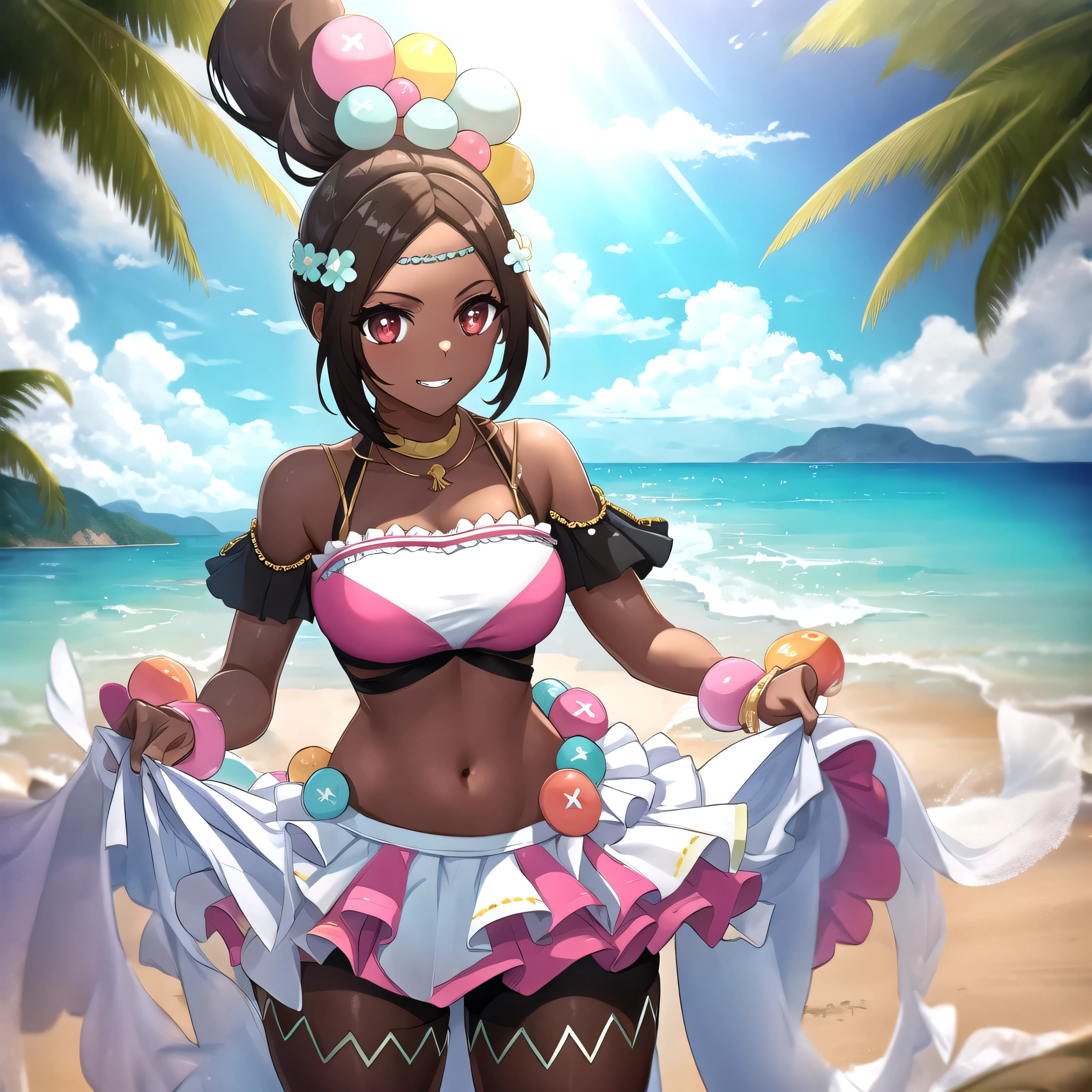 masterpiece:1.2, best quality, (ultra detailed), (highly detailed:1.2), cowboy shot, lora:timerra-v3-10:0.75, 1girl, ((solo)), smug grin, bike shorts, red eyes, no top, no visible top, navel, multicolored frilled skirt, dark-skinned female, long hair, ponytail, hair ornament, flower hairband, beach background, standing, large breasts, visible breasts, hands behind back,