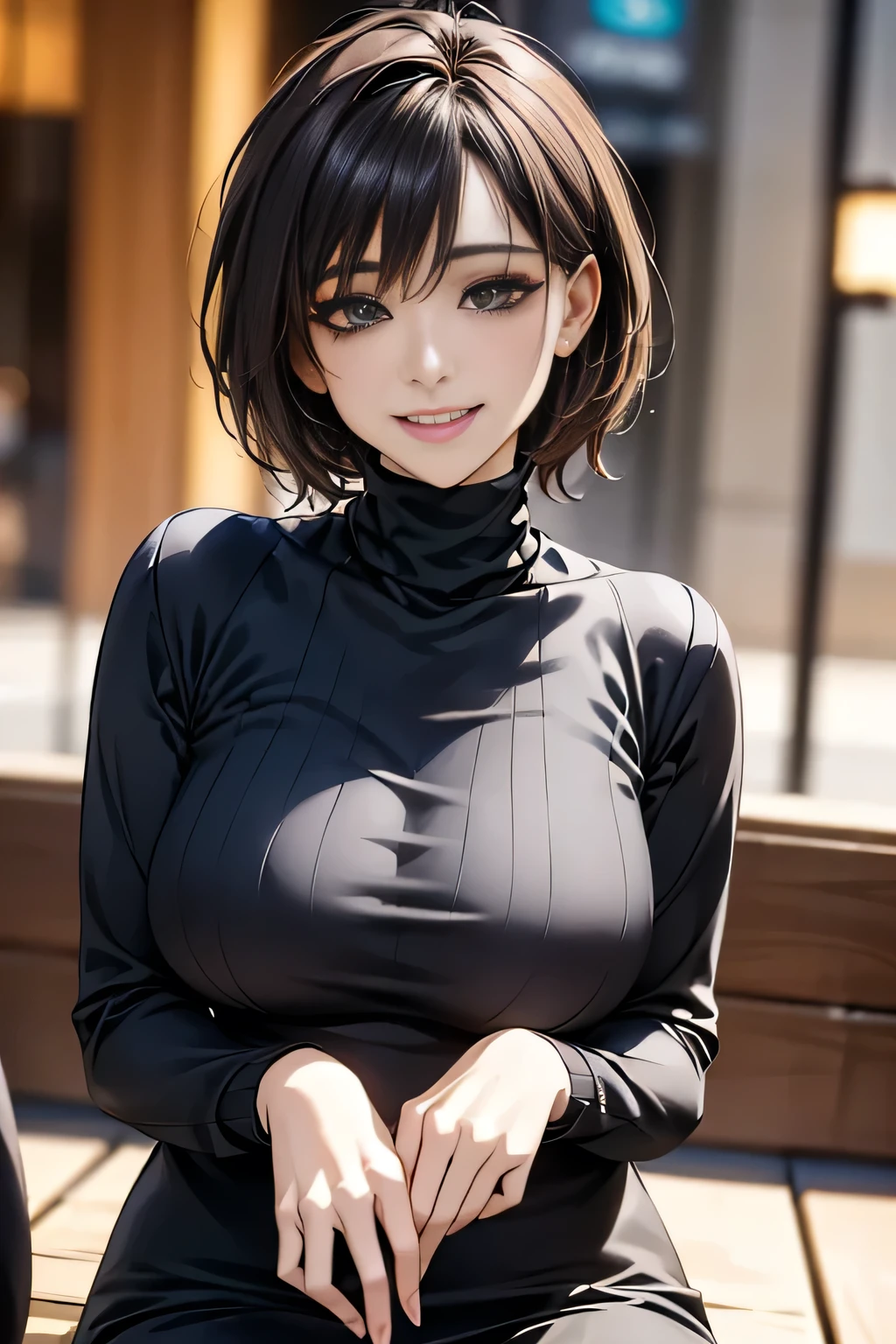 (highest quality, 8k, 32K, masterpiece), (Realistic), (Realistic:1.2), (High resolution), ((Sitting in front of the cafe)), ((Turtleneck shirt:1.3)), photograph, masterpiece, Highest quality, Dark Gray Background, (1 female), ((mature)), (Plump breasts), Perfection face, perfection , ((Brown eyes and beautiful, bright black hair)). beautiful，Highly detailed face, Detailed eyes, smile, buzzer, Daytime,