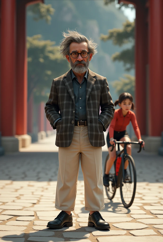 A 36-year-old man from Xinjiang, Small Eyes，high nose，Short beard，Round glasses，High hairline，Flowing and messy hair，Short and straight, Wearing a club check suit，White trousers with obvious creases，Black monk strap shoes，Standing at the entrance of Jietai Temple，He looks fierce., Serious face，A girl is riding a road bike behind