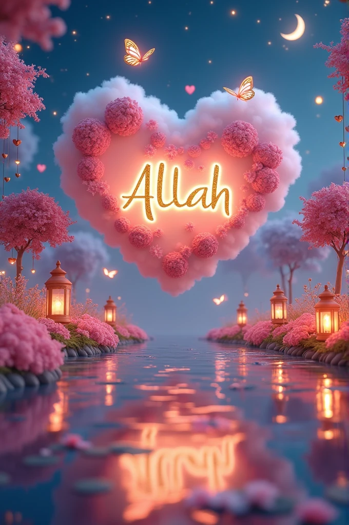 Create a whimsical and dreamy 3D scene featuring a heart-shaped cloud in the sky, adorned with flowers and butterflies. The name 'ALLAH' should be written in an elegant, golden script across the cloud. Surround the scene with elements like glowing lanterns, hanging heart decorations, colorful flowers, and a serene reflective lake. Include a magical atmosphere with a starry night sky, crescent moon, and soft, glowing lights to enhance the enchanting feel."