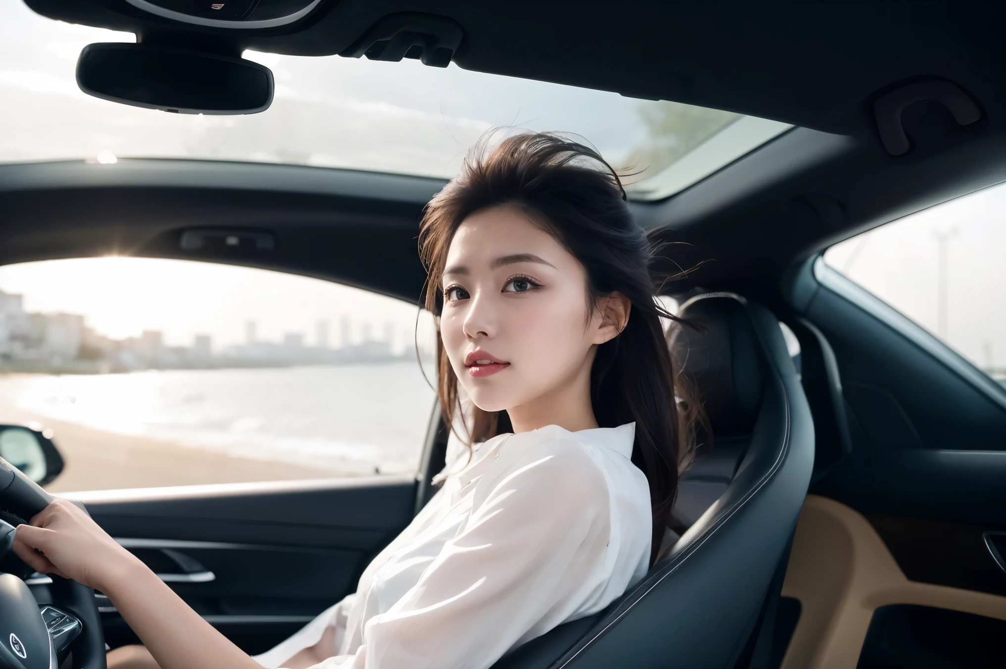 Phenomenally beautiful girl, put her next to a convertible, driving along a beautiful seaside road, her hair fluttering greatly in the strong wind!