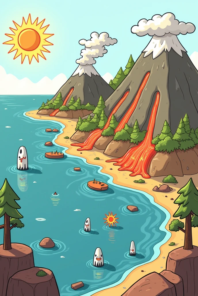 Illustration on how tectonics, sea level, volcanoes, and weathering interact to regulate climate cartoon style easy to draw