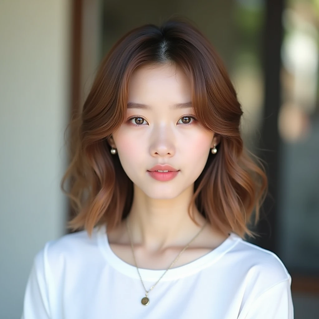 Hairstyle with hair length below the collarbone、Medium Hairstyles、Constriction Hairstyles、Hairstyle that tightens around the neck、Light and airy hairstyle、Loose inward-curled hairstyle、Hair style with tiers、Diamond Hairstyle、Layered hairstyle around the face、Hair style without bangs、Hair style without top parting、Mature feeling、Translucent light brown hair color、Natural Makeup、Korean Idol Style Face、White T-shirt、looking at the camera、Natural light、Luxury building background、Light blush、Adult beautiful、Pale eyebrows、Earrings、necklace