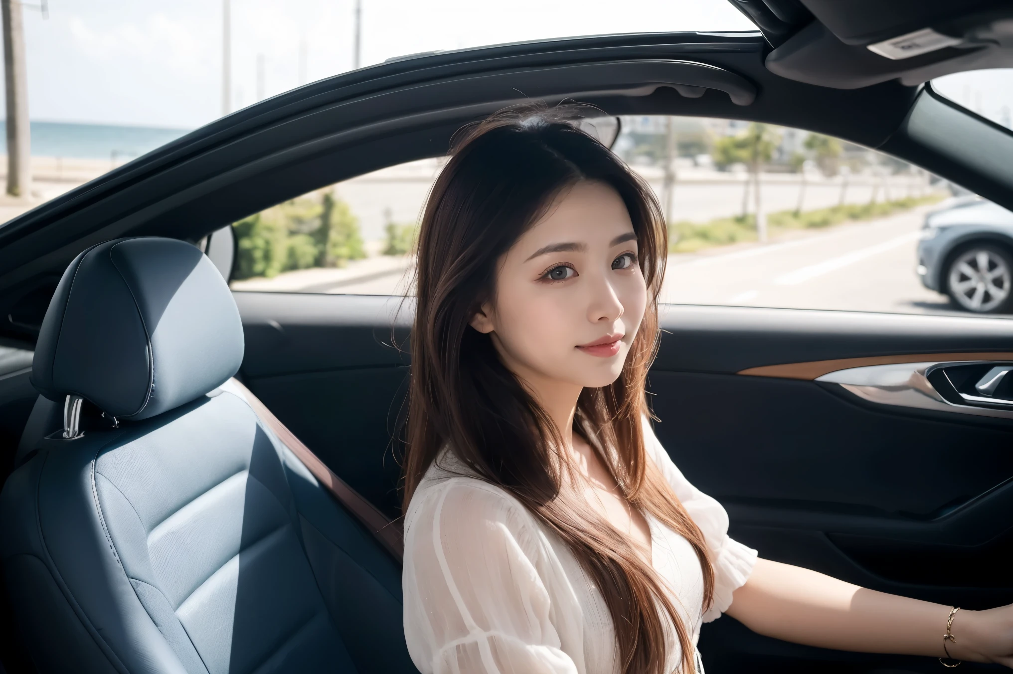 Phenomenally beautiful girl, put her next to a convertible, driving along a beautiful seaside road, her hair fluttering greatly in the strong wind!