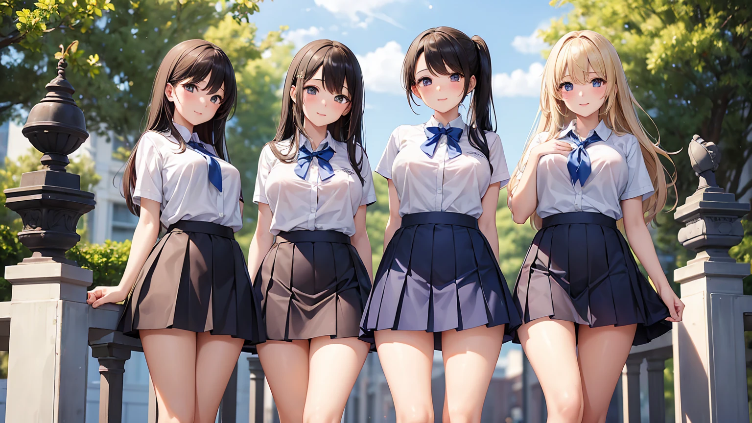 masterpiece, Highest quality, In detail, (5), (beautiful girl), cute, (tits), (group), (multiple), (Pull up your skirt to show your, high school girl)