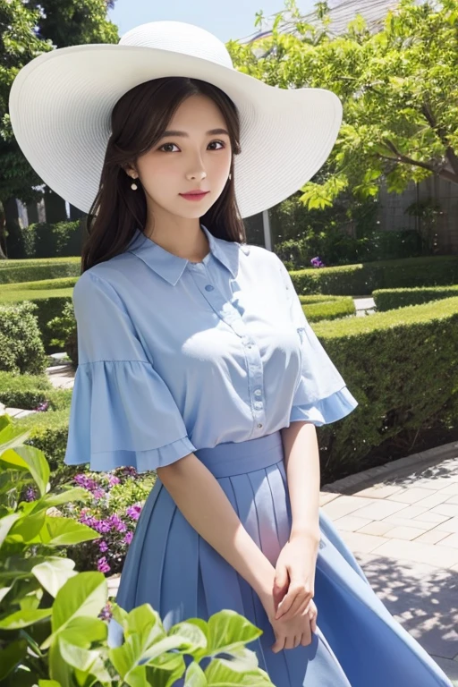 Beautiful woman、garden、A sky blue blouse and skirt、The wind blows、A white hat flies away、Portrait