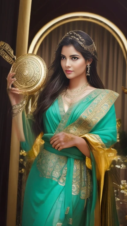 "a majestic Greek goddess. Envision her draped in ethereal, flowing robes adorned with symbols of ancient mythology. Picture her with divine features, radiating strength and beauty, as she holds artifacts of power associated with the gods. Surround her with an aura of celestial light, and place her within a mythical landscape inspired by ancient Greece. a modern interpretation of a Greek goddess, blending her contemporary charm with the timeless elegance of classical mythology."
