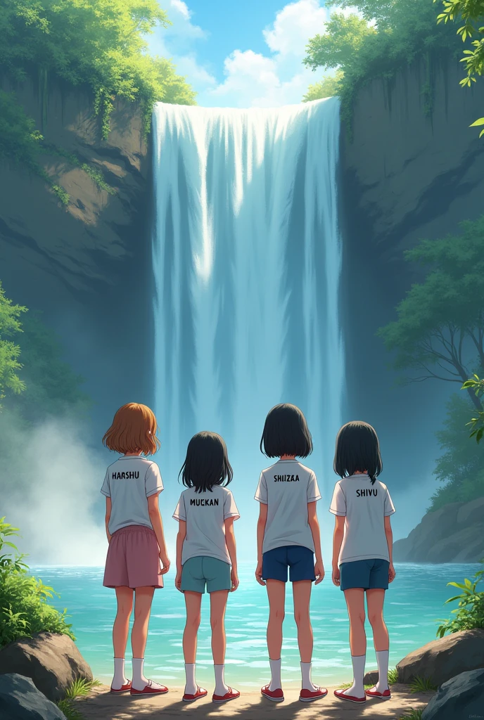 4 girls standing near waterfall and wearing white shirt design on their shirt is their name one girl name is HARSHU another one name is SHIZUKA another one name is MUSKAN and last one name is SHIVU