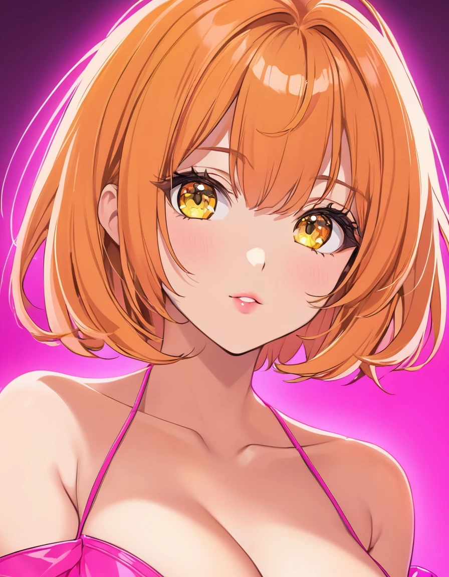 Beautiful adult woman with large breasts、((Orange short hair))(Yellow Eyes)、(Cute honey in sexy pink outfit)、Face close-up、Neon Background