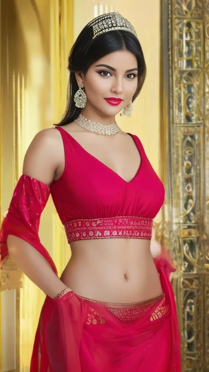 ,masterpiece, top quality, 8K, real person, realistic, very dense CG, shiny skin, fully focused, radiant, A beautiful Arabic belly dancer, seductive look, wearing a bicini , bold clothes, bold environment,, cinematic look red lips,bold and majestic look,, wearing a loose top, stylish design, mesmerizing look,bold and majestic look, Background royal palace, beautiful and elegant lady