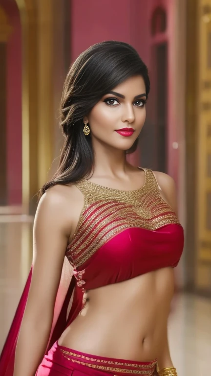 ,masterpiece, top quality, 8K, real person, realistic, very dense CG, shiny skin, fully focused, radiant, A beautiful Arabic belly dancer, seductive look, wearing a bicini , bold clothes, bold environment,, cinematic look red lips,bold and majestic look,, wearing a loose top, stylish design, mesmerizing look,bold and majestic look, Background royal palace, beautiful and elegant lady