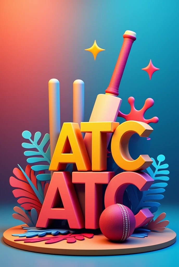 Make a colourful cricket bat ball and stump DP for WhatsApp with ATC written on the background in 3d form