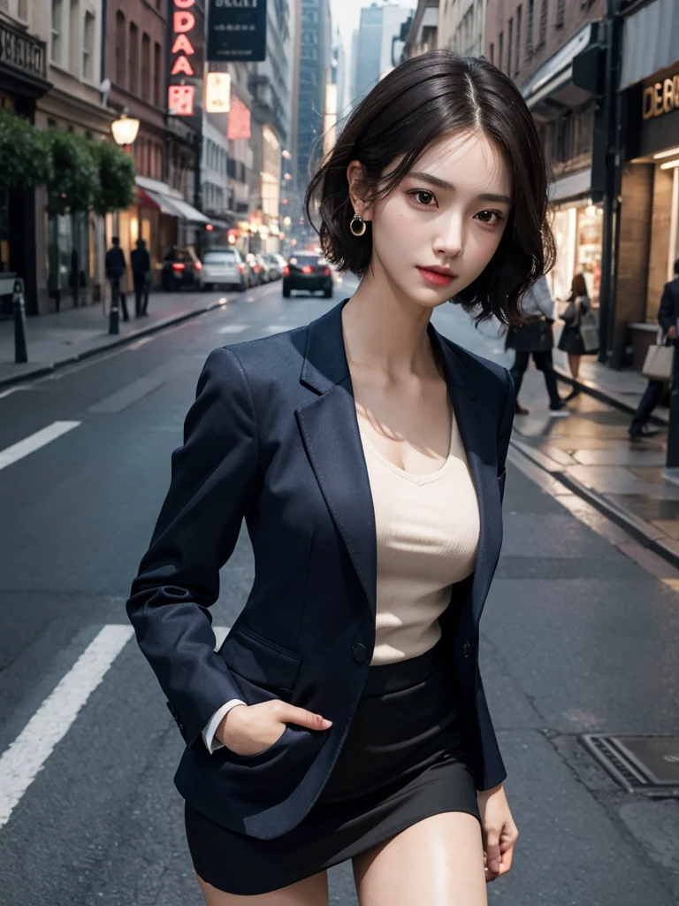 full body shot, absurdres, RAW photo, extremely delicate and beautiful, masterpiece, Best Quality, ultra high resolution, 32k, hyper realistic, ultra-detailed, Very detailed CG 8k wallpaper, detailed background, landscape, Beautiful Lighting, Perfect Lightning, Realistic Shadows, perfect anatomy, anatomically correct, ideal ratio body proportions, perfect figure, Perfect Style, Perfect balance, super Detailed skin, in her 30s, very Slim body, narrow waist, very small head, very small face, delicate facial features, handsome detailed woman, very detailed eyes and face, realistic face proportions, Realistic beautiful face, Realistic beautiful eyes, tearful mole, earring, full body shot, whole body shot, very huge round tits, medium short hair, asymmetrical hair, wavy hair, full legs, whole legs, outdoor, business suit, blazer, skirt,