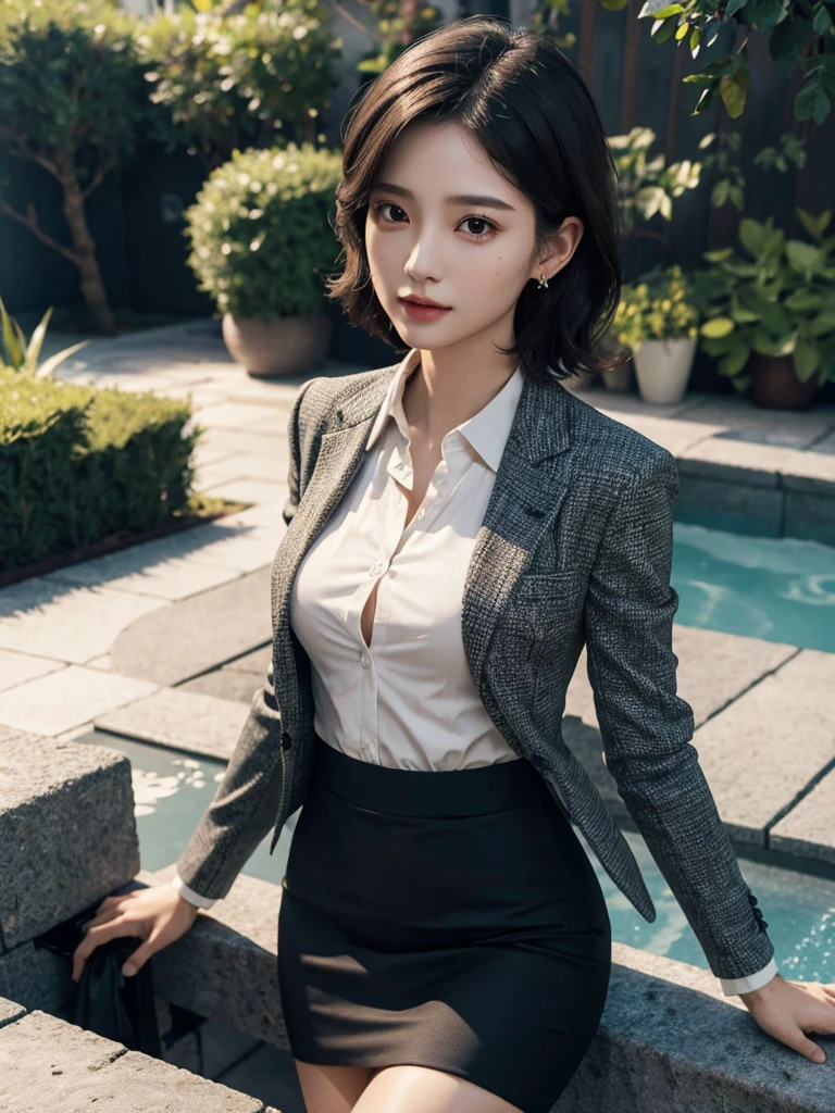full body shot, absurdres, RAW photo, extremely delicate and beautiful, masterpiece, Best Quality, ultra high resolution, 32k, hyper realistic, ultra-detailed, Very detailed CG 8k wallpaper, detailed background, landscape, Beautiful Lighting, Perfect Lightning, Realistic Shadows, perfect anatomy, anatomically correct, ideal ratio body proportions, perfect figure, Perfect Style, Perfect balance, super Detailed skin, in her 30s, very Slim body, narrow waist, very small head, very small face, delicate facial features, handsome detailed woman, very detailed eyes and face, realistic face proportions, Realistic beautiful face, Realistic beautiful eyes, tearful mole, earring, full body shot, whole body shot, very huge round tits, medium short hair, asymmetrical hair, wavy hair, full legs, whole legs, outdoor, business suit, blazer, skirt,