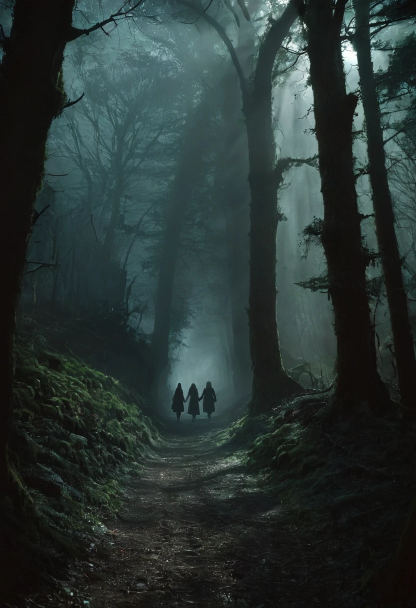 Hansel and Gretel are pursued by the devil, through a dark forest, the atmosphere is creepy and gloomy