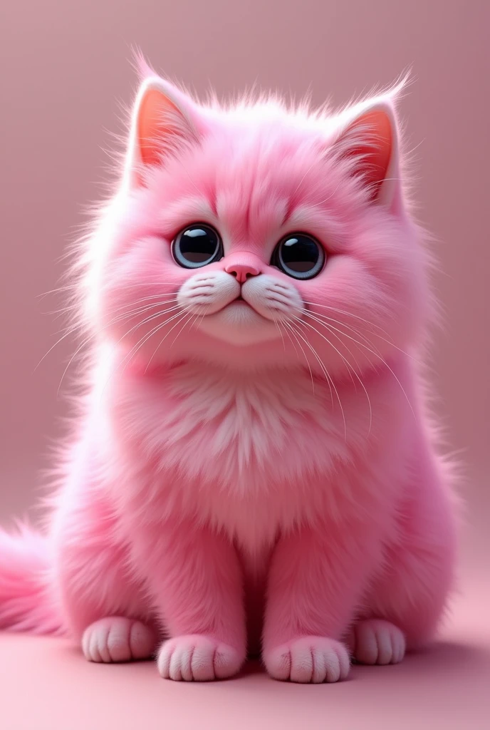 a very bright pink and fluffy kitty with black pupils, a big boy