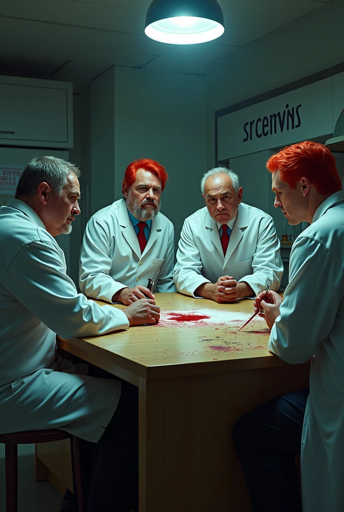 A group of four chemists around a wooden table. One is fat and with red hair, one is light black, one Italian and one Dutch. The fat one with the red hair has a knife stuck in his back, from where a small amount of blood is coming out. At the center of the table you can read 'SPG Prints'.