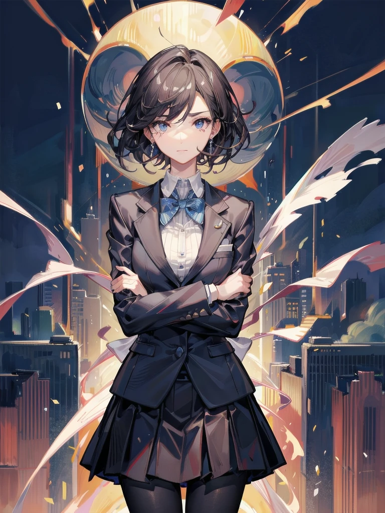 business suit, blazer, skirt, absurdres, RAW photo, extremely delicate and beautiful, masterpiece, Best Quality, ultra high resolution, 32k, hyper realistic, ultra-detailed, Very detailed CG 8k wallpaper, detailed background, landscape, Beautiful Lighting, Perfect Lightning, Realistic Shadows, perfect anatomy, anatomically correct, ideal ratio body proportions, perfect figure, Perfect Style, Perfect balance, super Detailed skin, in her 30s, very Slim body, narrow waist, very small head, very small face, delicate facial features, handsome detailed woman, very detailed eyes and face, realistic face proportions, Realistic beautiful face, Realistic beautiful eyes, tearful mole, earring, very huge round tits, medium short hair, asymmetrical hair, wavy hair,