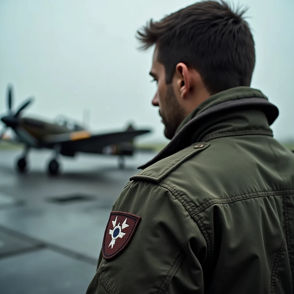 A striking close-up of a fighter pilot's jacket, featuring a single embroidered blank patch on the shoulder. The pilot,looking off in the distance facing away from camera, is dressed in a worn and well-used flight suit. The blurred background reveals a classic Spitfire airplane, with its distinct silhouette.