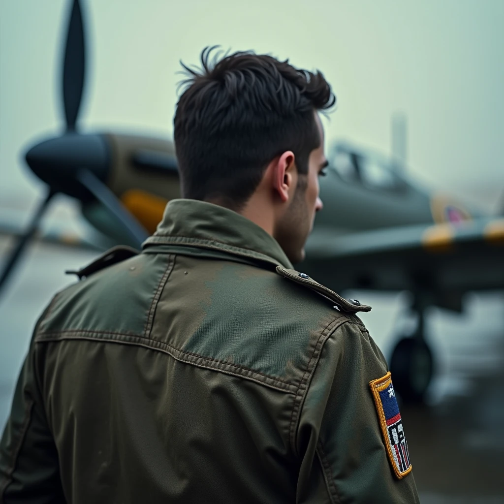 A striking close-up of a fighter pilot's jacket, featuring a single embroidered blank patch on the shoulder. The pilot,looking off in the distance facing away from camera, is dressed in a worn and well-used flight suit. The blurred background reveals a classic Spitfire airplane, with its distinct silhouette.