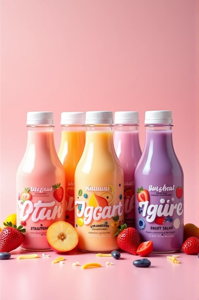 Five 900mg bottles of yogurt, with strawberry flavors, peach, bugbear, fruit salad and plum. 