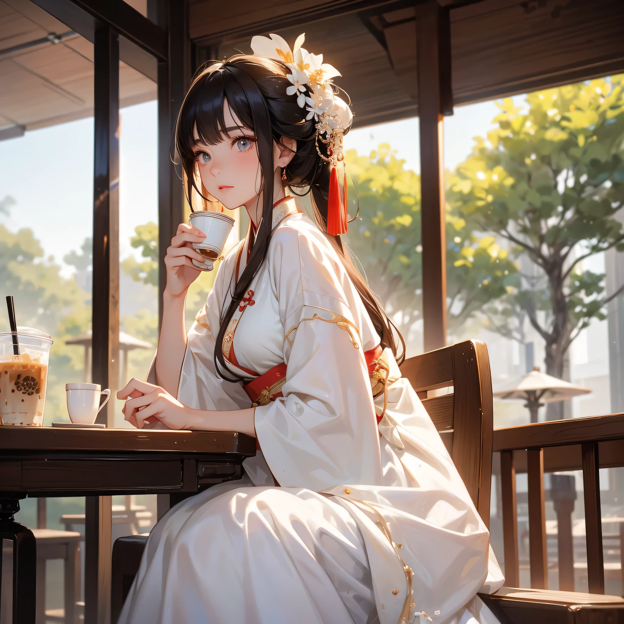 A beautiful woman in a Hanfu dress was drinking a large cup of pearl milk tea in a crowded coffee shop.. She sat in the corner of a seat by the glass window. The light shone on her face. Her eyes were very reflective in the daytime.