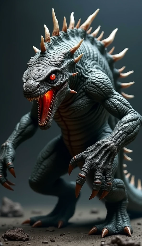 creature with reptilian skin, spines along my back, and glowing red eyes