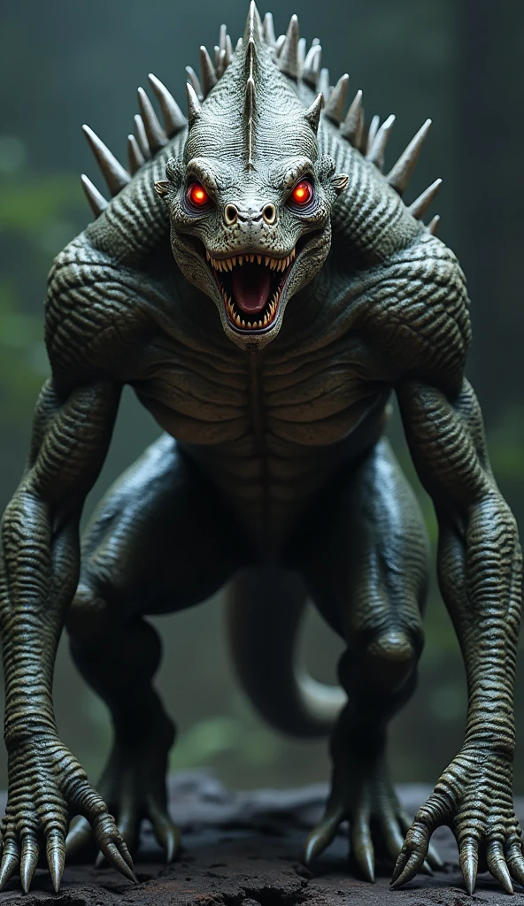 creature with reptilian skin, spines along my back, and glowing red eyes