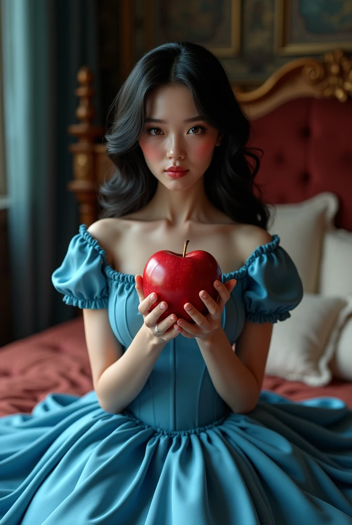 (photorealism:1.2), beautiful woman (more precisely, make it snow white) holding an apple, sitting on bed, He wears clothes that are usually found in Snow cartoons 