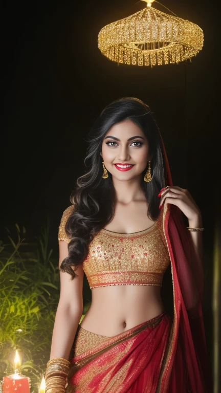 (masterpiece Portrait Photography:1.3) of a ravishing tall seductress girl celebrating Diwali by lighting Diyas, in a elegant Lane, wearing elegant Lehenga and Choli, navel, (ravishing glossy wavy backlit hair),lots of diyas, (big intricate eyes:1.3), (bright smile:1.3) soft dramatic lighting, Diwali decorations, lanterns, children celebrating Diwali, backlit, light rays, highly detailed, trending on artstation, rich colour, festive portrait