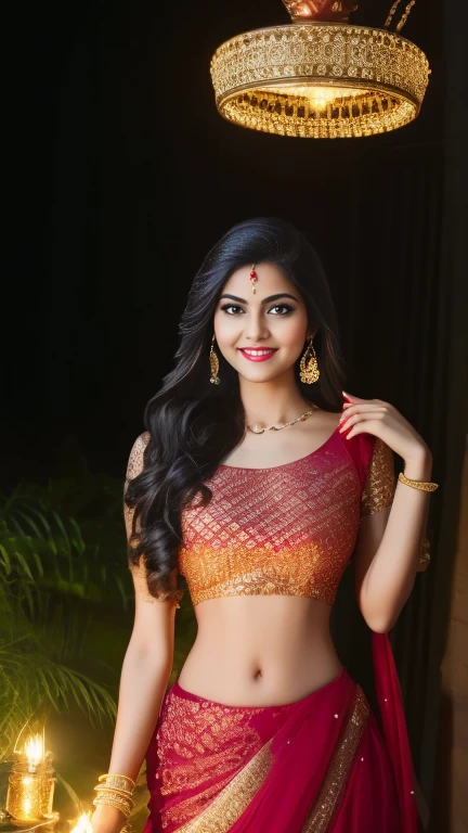(masterpiece Portrait Photography:1.3) of a ravishing tall seductress girl celebrating Diwali by lighting Diyas, in a elegant Lane, wearing elegant Lehenga and Choli, navel, (ravishing glossy wavy backlit hair),lots of diyas, (big intricate eyes:1.3), (bright smile:1.3) soft dramatic lighting, Diwali decorations, lanterns, children celebrating Diwali, backlit, light rays, highly detailed, trending on artstation, rich colour, festive portrait