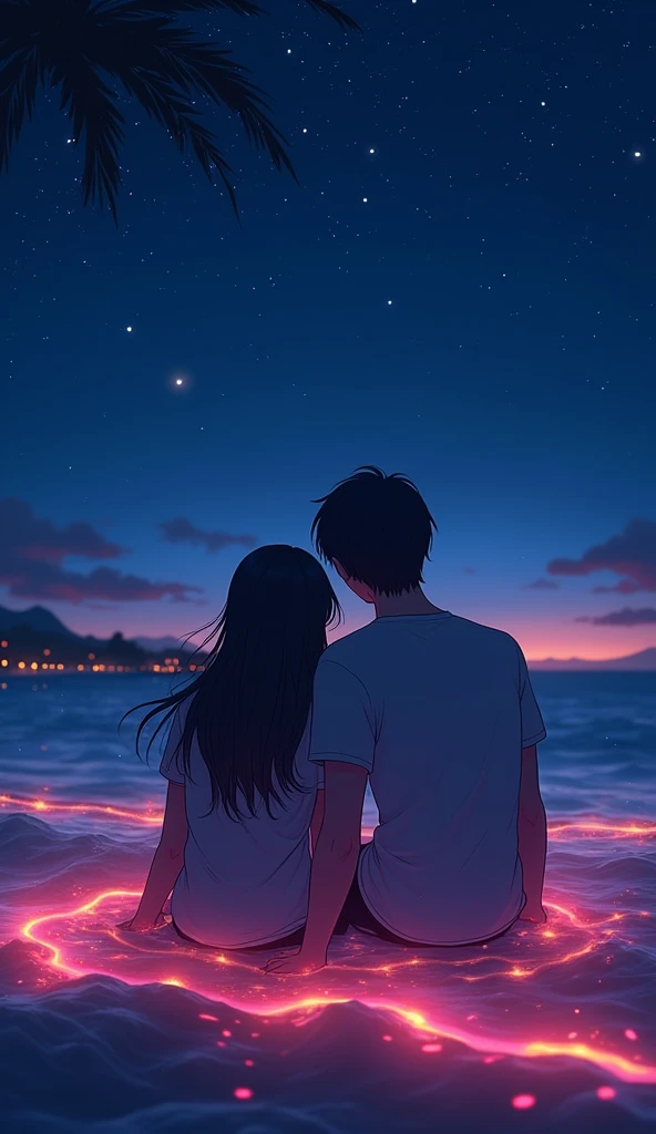 "On a warm summer night, two people are sitting close together under a starlit sky, surrounded by the serene darkness. They are listening to the same music, and colorful waves representing their favorite colors gently glow around them, illuminating the night. One person's eyes shine like hearts, reflecting the deep emotions evoked by the music. The scene is dreamy and intimate, with the night air filled with warmth and the soft glow of the stars enhancing the romantic atmosphere."