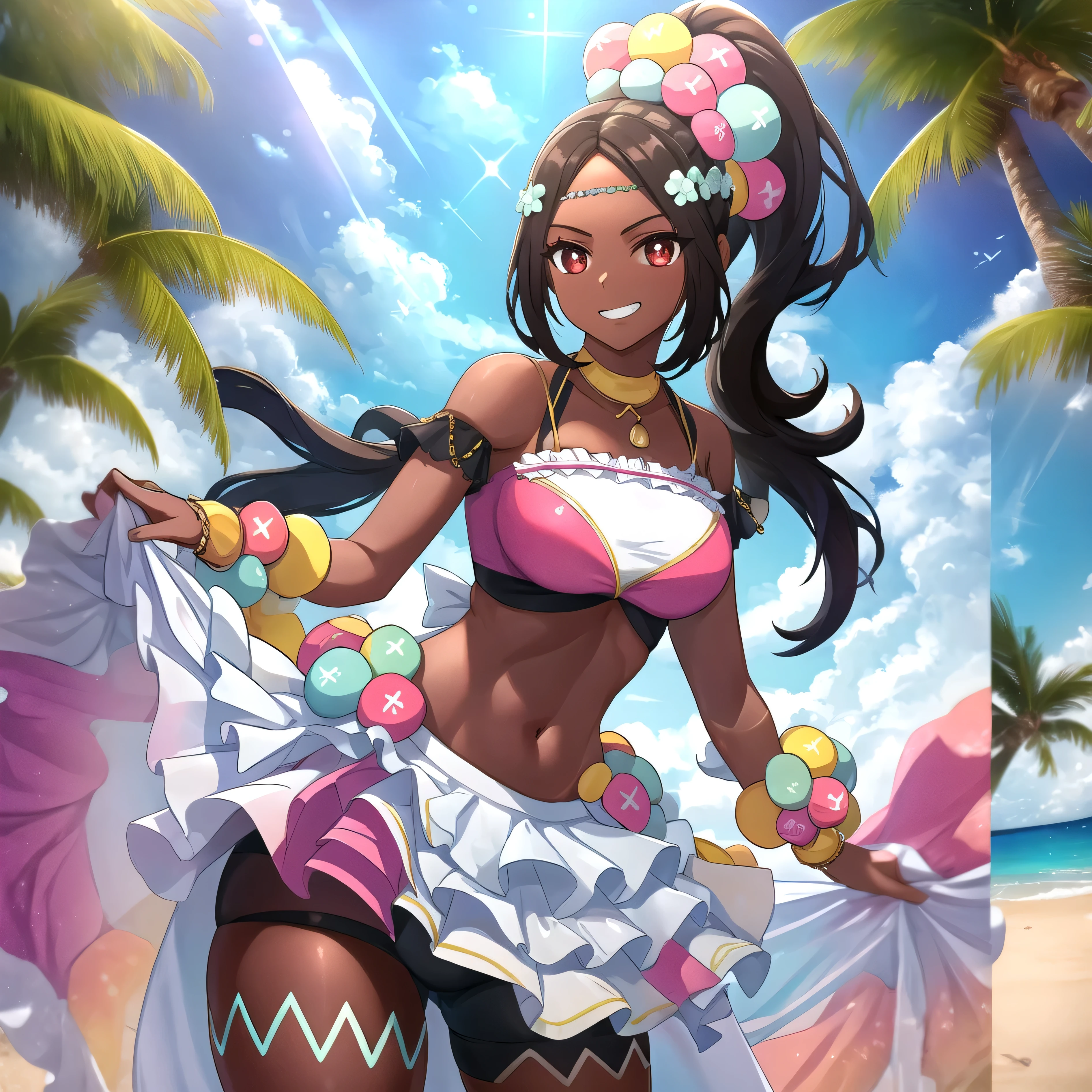 masterpiece:1.2, best quality, (ultra detailed), (highly detailed:1.2), cowboy shot, lora:timerra-v3-10:0.75, 1girl, ((solo)), smug grin, bike shorts, red eyes, no top, navel, multicolored frilled skirt, dark-skinned female, long hair, ponytail, hair ornament, flower hairband, beach background, standing, large breasts, visible breasts, hands behind back,