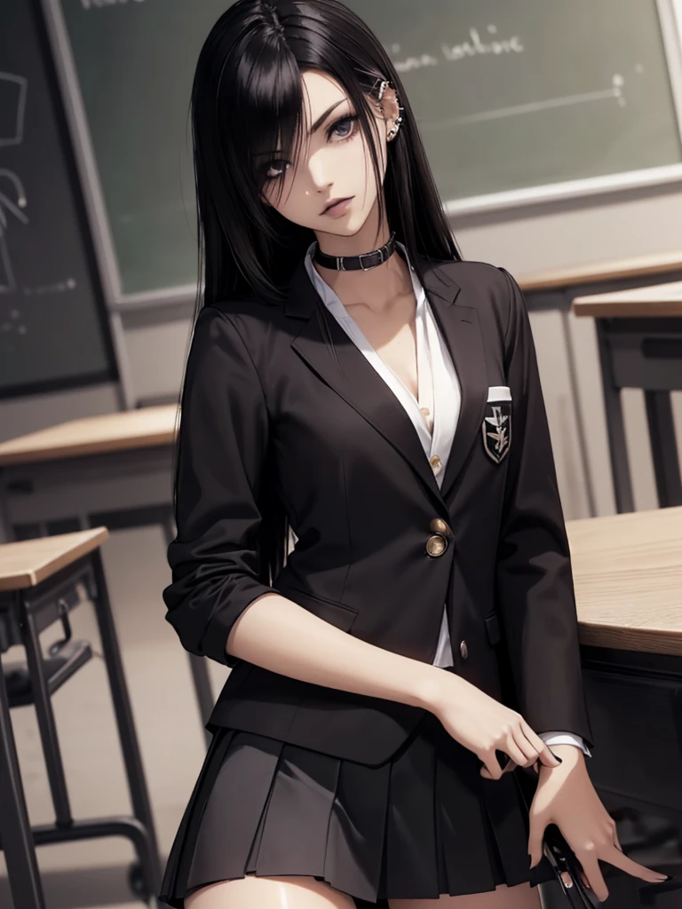 (best quality: 1.2), clean face, (masterpiece: 1.2, 8k) perfect anatomy, 1 girl) a beautiful fashion model ,(masterpiece, official art, best quality shiny hair, straight black hair with streaks in hair, full lips, small breasts, blazer school uniform, short skirt, thong straps, (dark makeup, piercings), shiny breasts, shiny skin, looking at viewer, college student, horizontal, lounging, a single girl, scene haircut, dark makeup, dark eyes, (slender, skinny, slight frame, small breasts), ((emo, scene girl)), classroom, hair over one eye