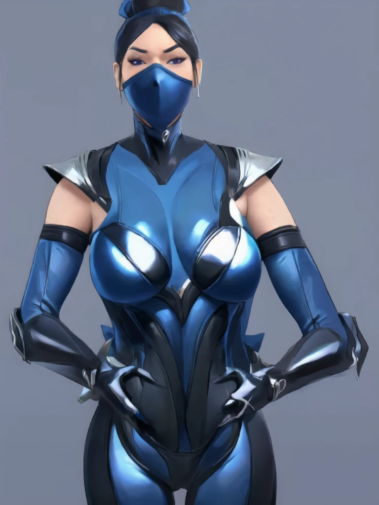 Bowei, kitana, 1girl, upper body, slim body, slim thighs, bodysuit, detail eyes, ninja mask , solo, lips, blue bodysuit , looking at viewer, simple background, gloves, black background, mole under mouth, eyeshadow, hands on hips, blue bodysuit,leather, latex, purple lips, 8k detailed,