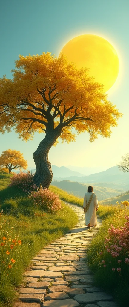 Create a realistic image with full resolution 8k cinematic quality of a beautiful, sunny day in a serene landscape. A large, ancient tree with lush golden-yellow leaves stands at the center of the image, with a winding stone path leading towards it. The sky is a clear, bright blue with a large, vibrant yellow sun in the background, occupying the same position and size as the moon in the reference image. Walking along the path towards the tree is Jesus, dressed in simple robes, with a serene and calm expression. The surrounding area is filled with vibrant green grass and colorful wildflowers, with soft sunlight casting gentle shadows. The overall atmosphere is peaceful and warm, with the natural elements complementing the golden tree, creating a harmonious composition.