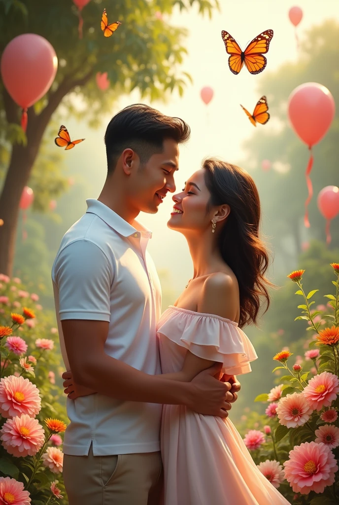 Real Pinay pinoy couple with man handsome polo shirt white and women beautiful dress with background name "Gretzel & Jonnel" with flowers baloons butterflies