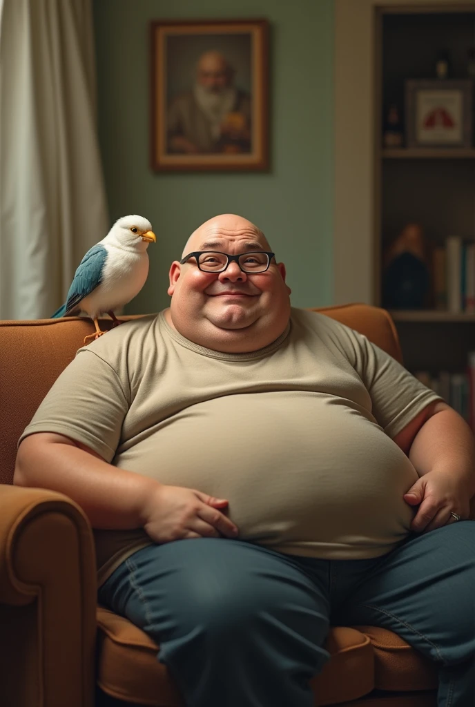 A bald, fat man with glasses sitting on the sofa with a bird on his shoulder..