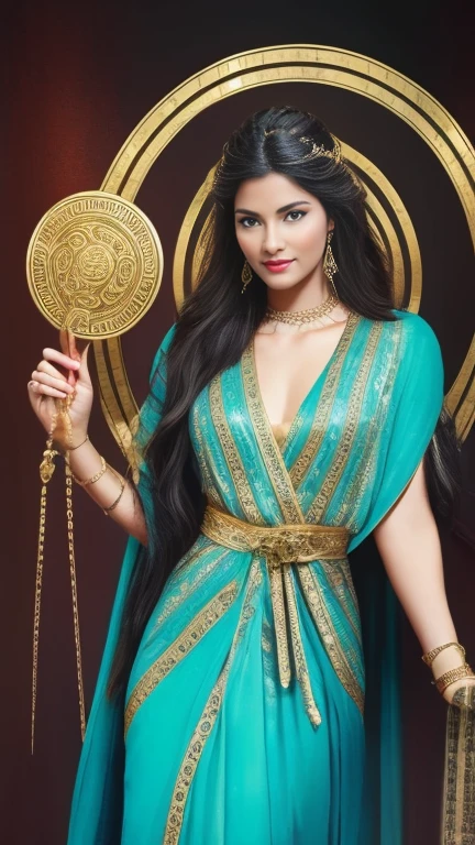 "a majestic Greek goddess. Envision her draped in ethereal, flowing robes adorned with symbols of ancient mythology. Picture her with divine features, radiating strength and beauty, as she holds artifacts of power associated with the gods. Surround her with an aura of celestial light, and place her within a mythical landscape inspired by ancient Greece. a modern interpretation of a Greek goddess, blending her contemporary charm with the timeless elegance of classical mythology."