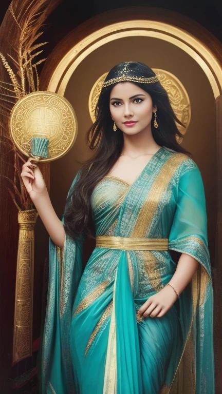 "a majestic Greek goddess. Envision her draped in ethereal, flowing robes adorned with symbols of ancient mythology. Picture her with divine features, radiating strength and beauty, as she holds artifacts of power associated with the gods. Surround her with an aura of celestial light, and place her within a mythical landscape inspired by ancient Greece. a modern interpretation of a Greek goddess, blending her contemporary charm with the timeless elegance of classical mythology."