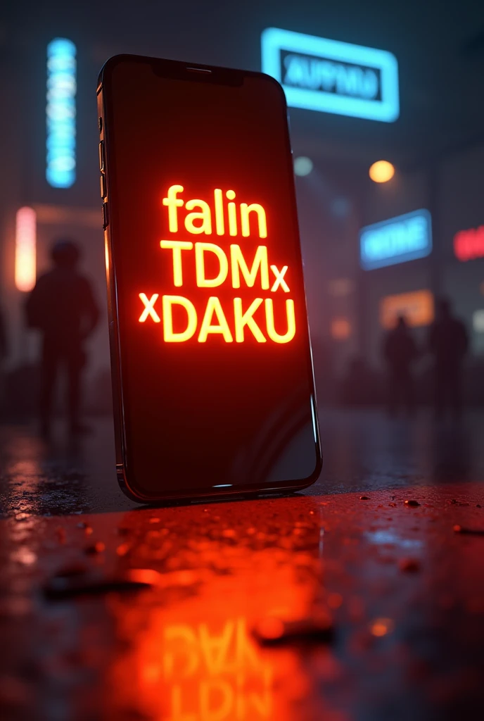 Create A 3D Realistic image of “falinTDMxDAKU " written on iphone 11 with orange neon light and the back ground of iphone is pubg logo
