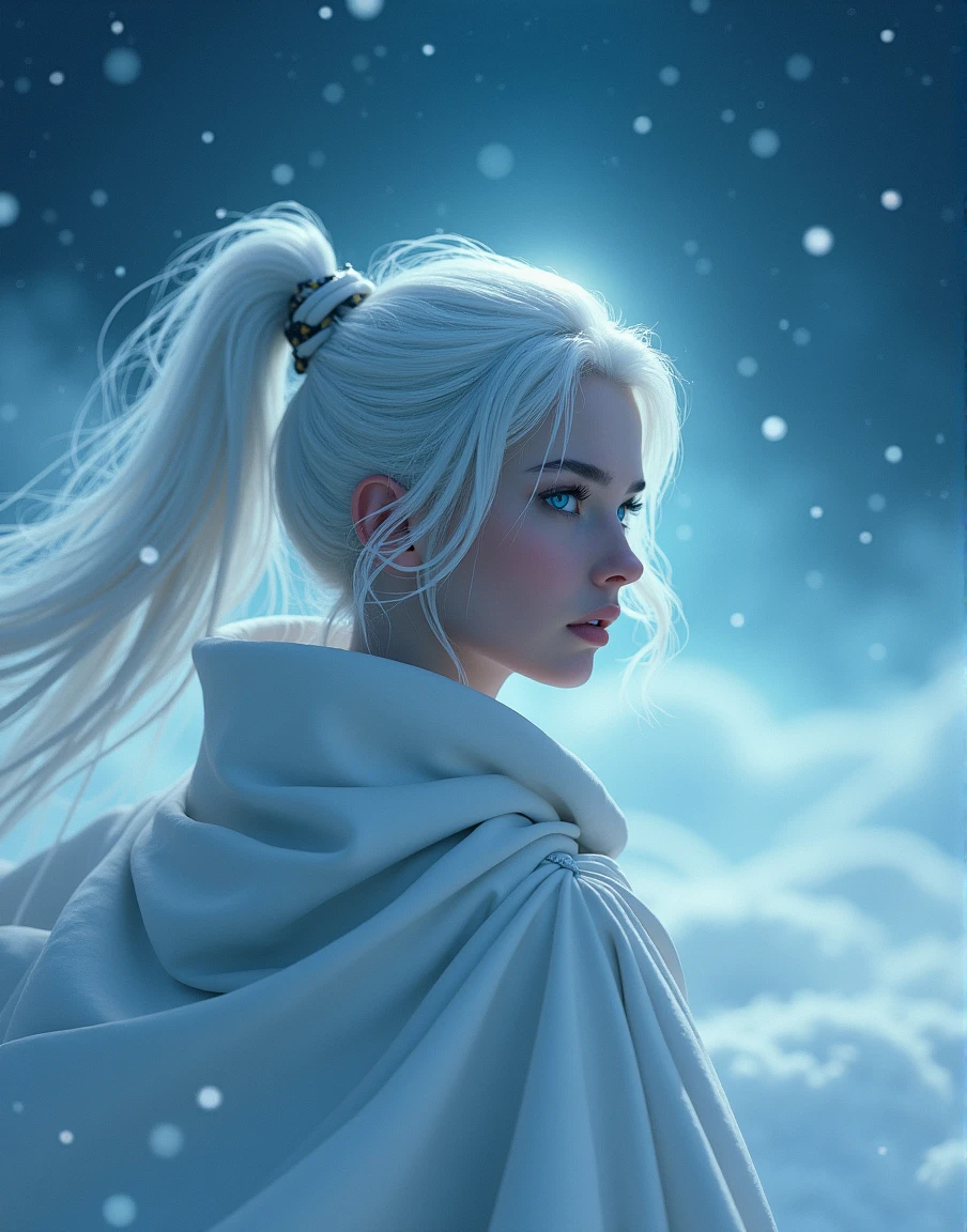 Masterpiece, (Best Quality: 1.2), (Super Fine: 1.2), Illustration, (Extremely Delicate and Beautiful: 1.2), Film Angle, Floating, (Beautiful Detail Eye: 1.1), (Detail Light: 1.1), Film Lights, Delicate Sky, Woman, White Hair, Blue Eyes, (High Ponytail: 1.1), Cloak, Glowing Eyes, (Moon: 1.2), (Moonlight: 1.1), Starry Sky, (Light Particles: 1.1), Fog , snow painting, sketching, blooming