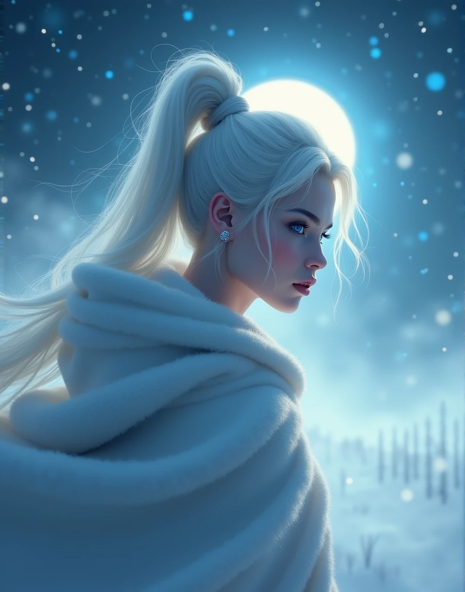 Masterpiece, (Best Quality: 1.2), (Super Fine: 1.2), Illustration, (Extremely Delicate and Beautiful: 1.2), Film Angle, Floating, (Beautiful Detail Eye: 1.1), (Detail Light: 1.1), Film Lights, Delicate Sky, Woman, White Hair, Blue Eyes, (High Ponytail: 1.1), Cloak, Glowing Eyes, (Moon: 1.2), (Moonlight: 1.1), Starry Sky, (Light Particles: 1.1), Fog , snow painting, sketching, blooming