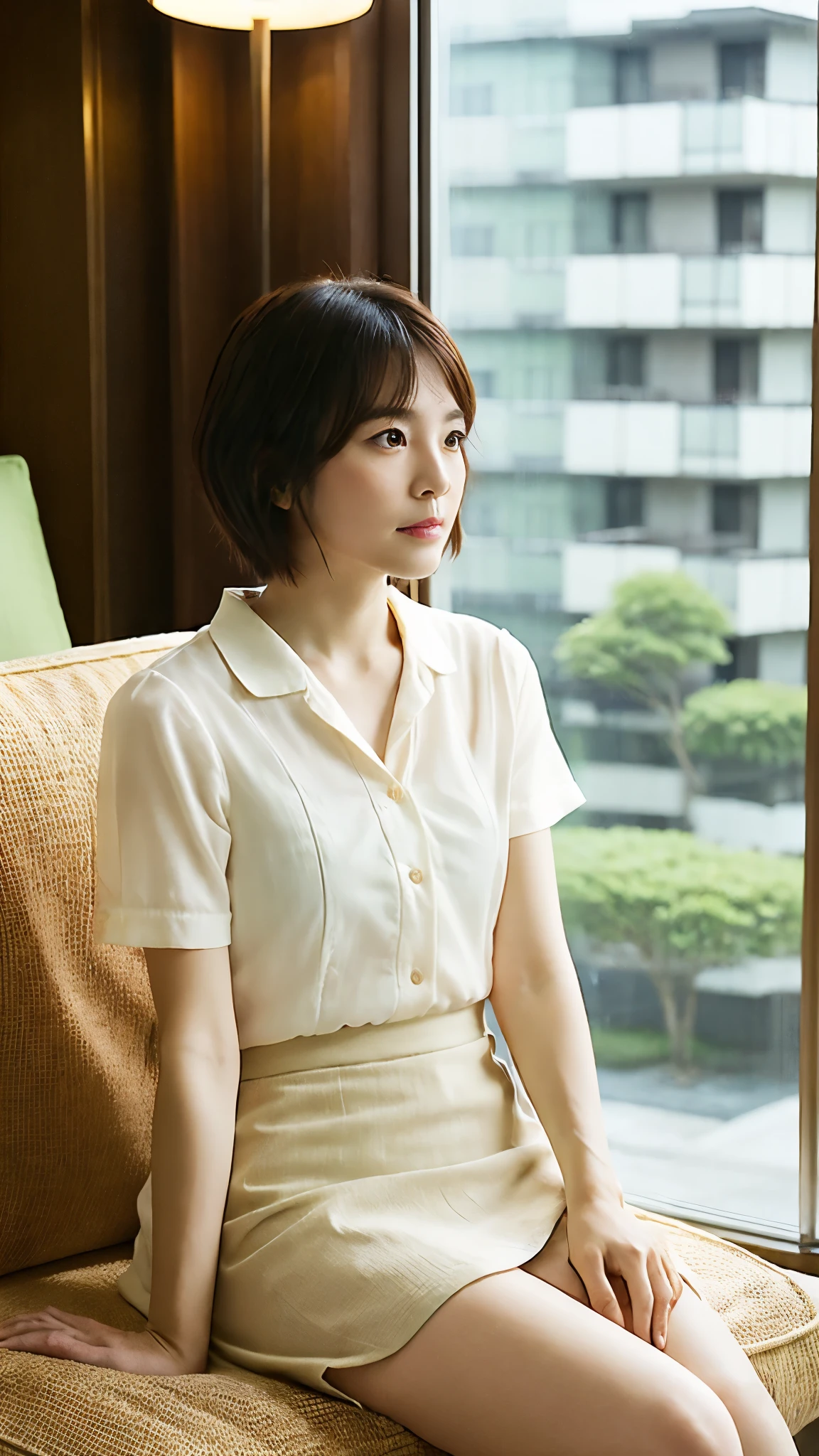 Japanese 40year old woman Short Hair、double The whole picture clear
Apartment room background、Sitting、Lonely look、Gazing into the distance、Plain summer short-sleeved shirt、mini skirt、