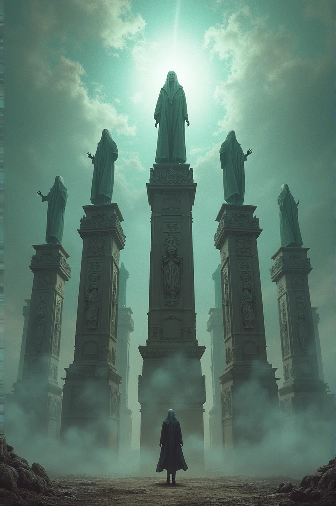 Eleven personas over eleven pillars seen from below